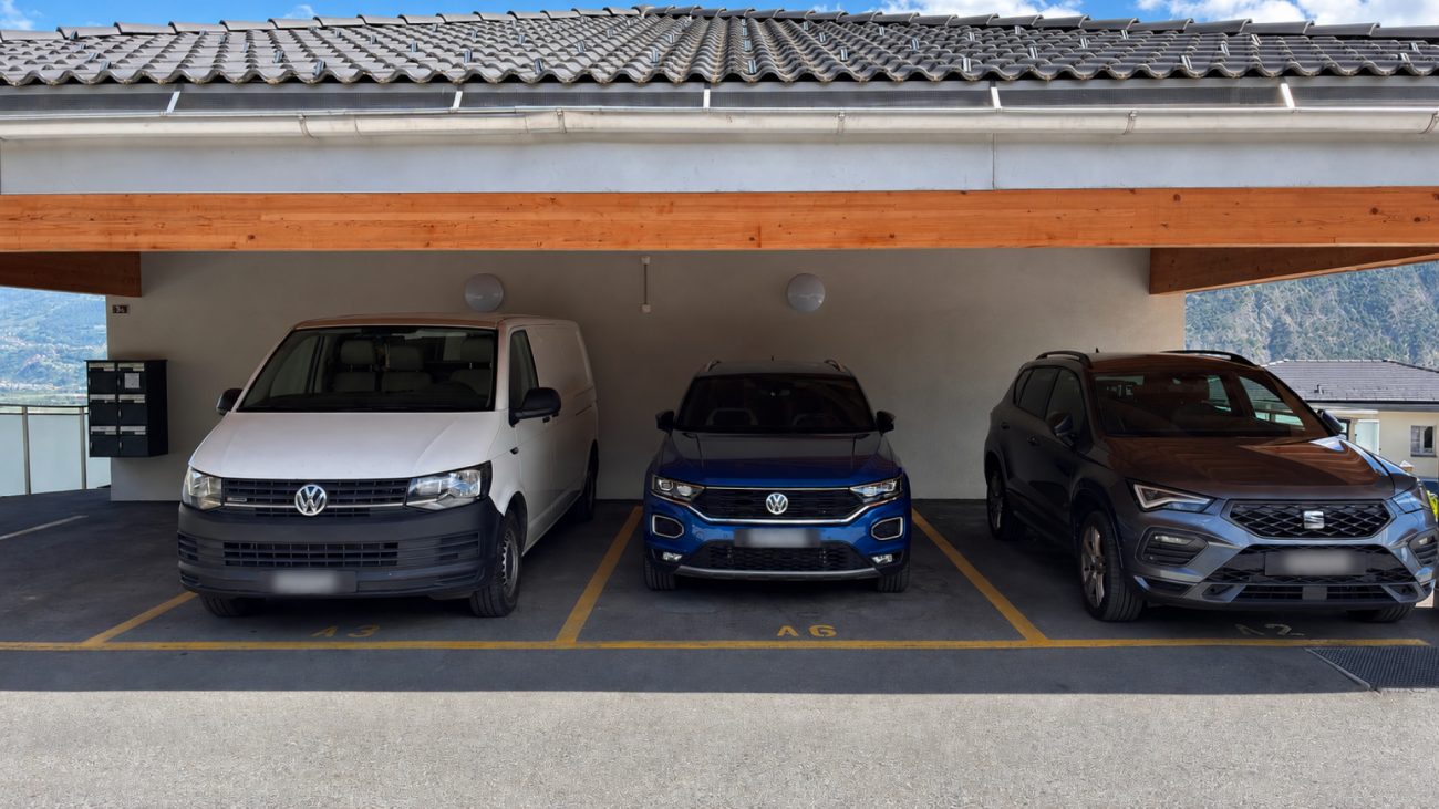 Überdachter Carport mit drei geparkten Fahrzeugen