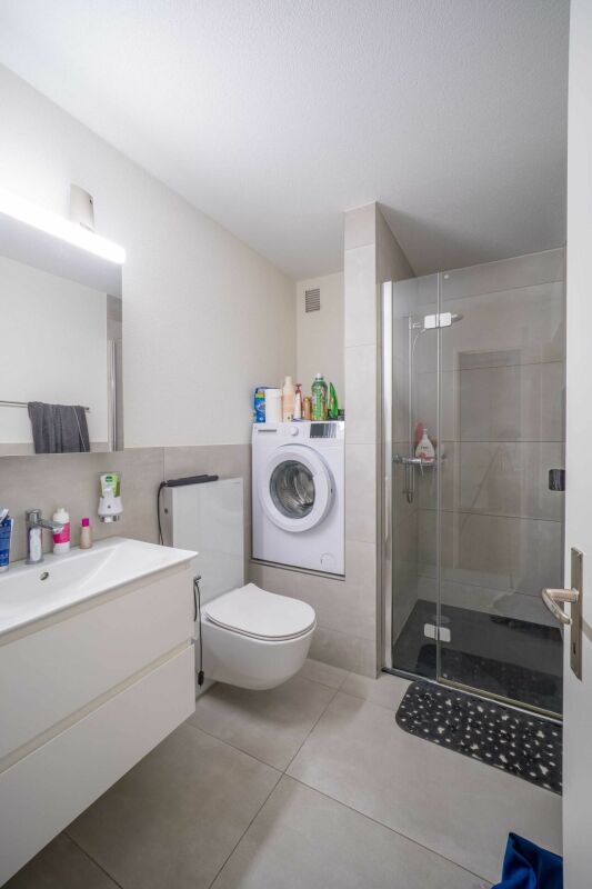 Modernes Badezimmer mit Dusche und Waschmaschine
