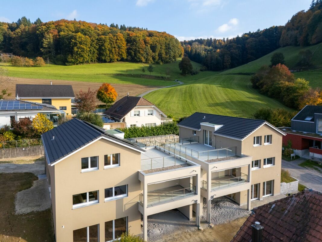 Luftaufnahme eines modernen Wohnensembles im Grünen