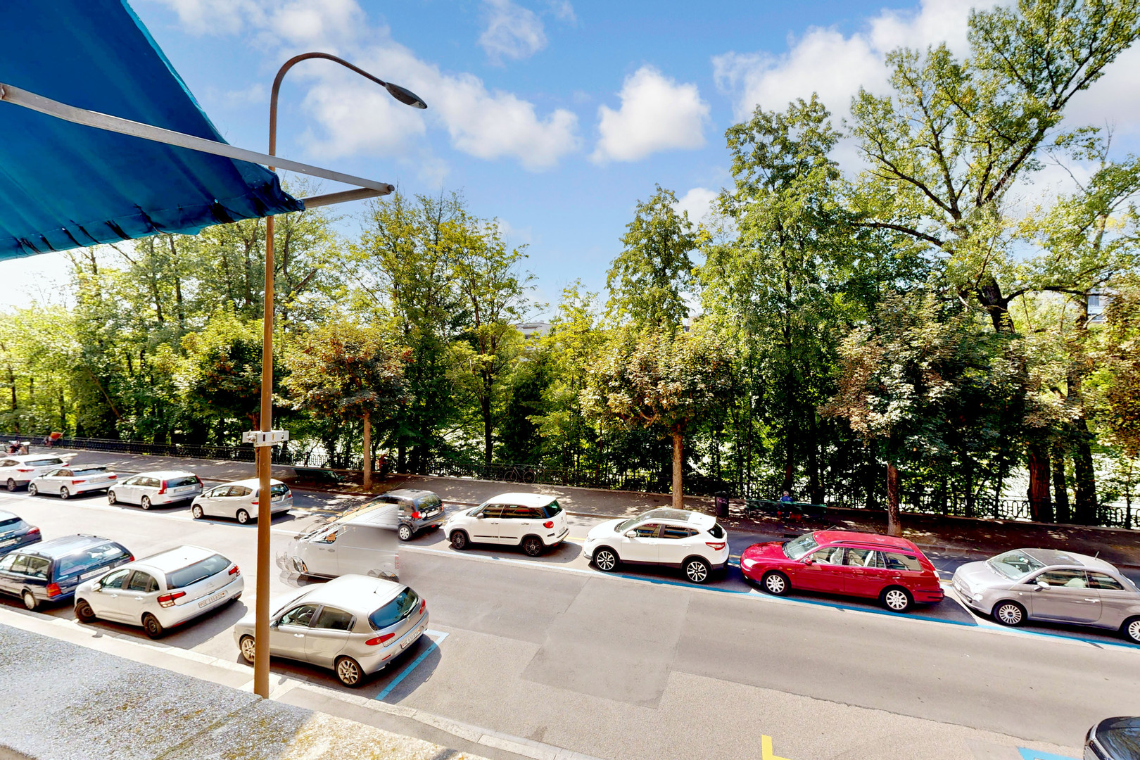 Straßenblick mit Bäumen und geparkten Autos