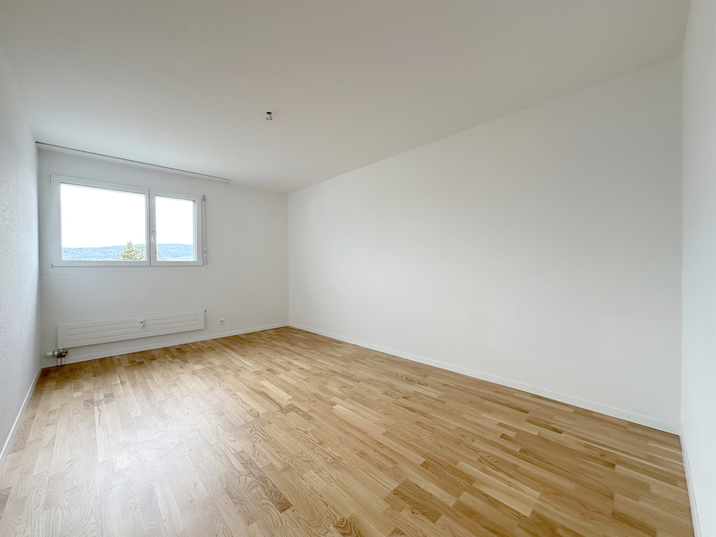 Leerer heller Raum mit Parkettboden und Fensterblick