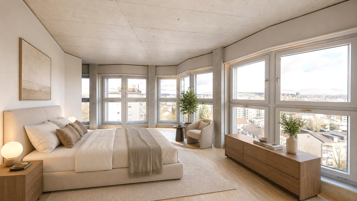 Helles modernes Schlafzimmer mit Panoramafenstern