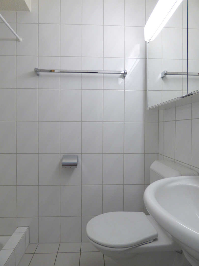 Kleines weiß gefliestes Bad mit WC und Waschbecken
