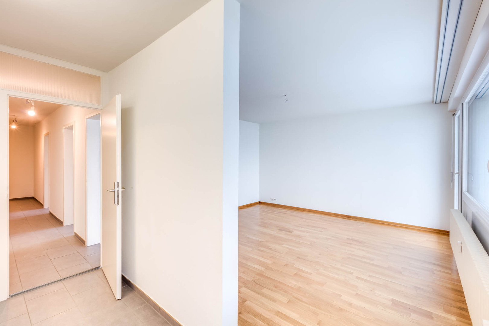 Heller Wohnraum mit Flur und Fensterfront