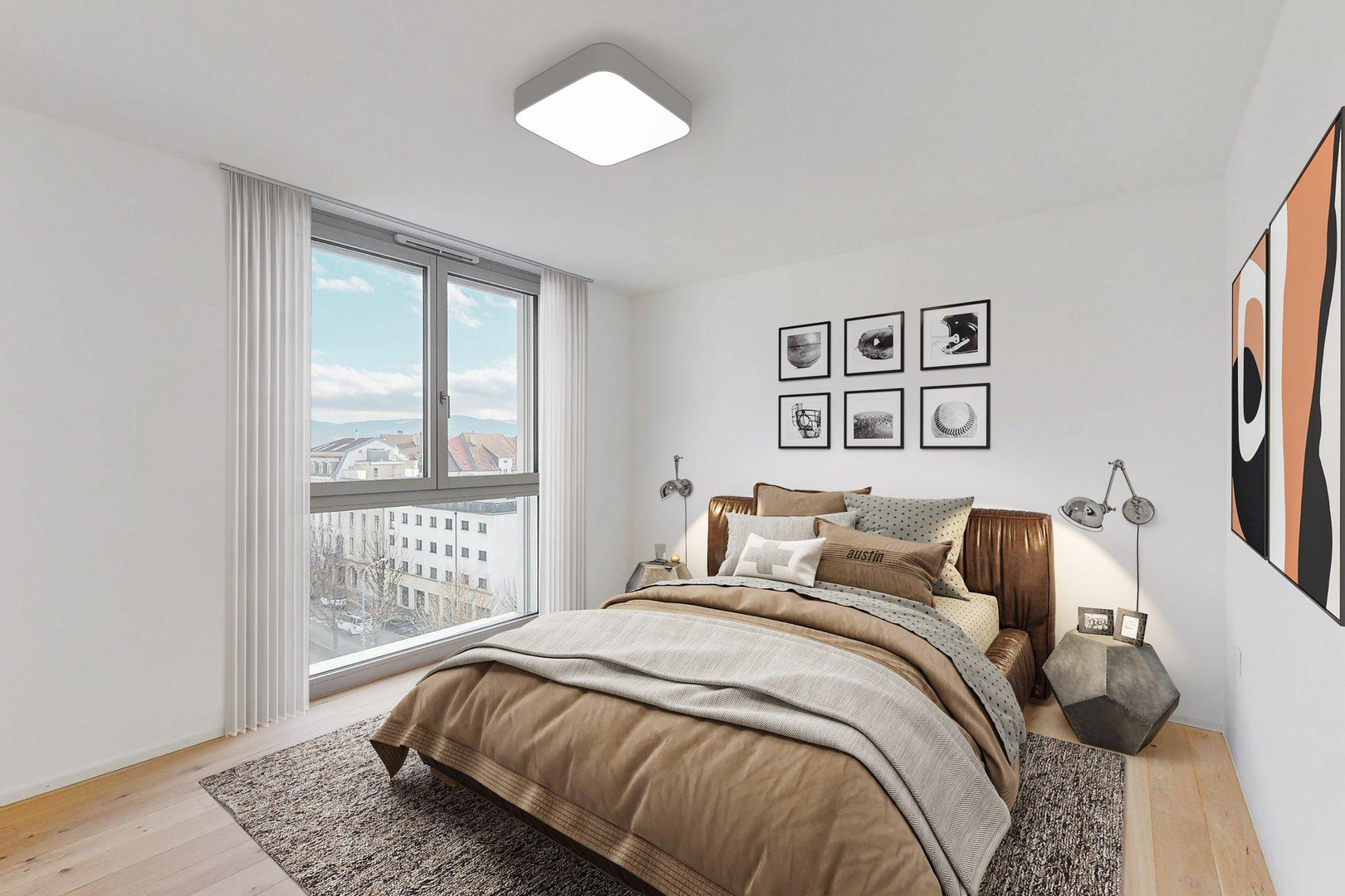 Helles, modernes Schlafzimmer mit großem Fenster und Skyline-Blick