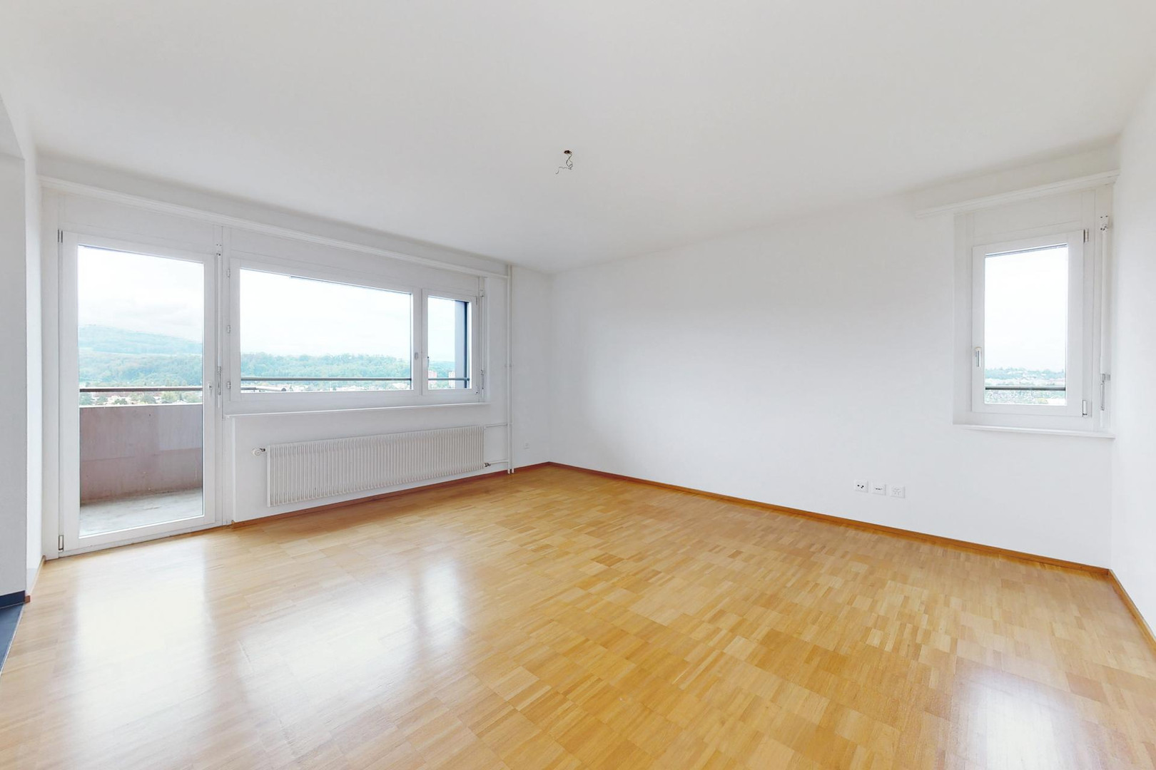 Heller leerer Wohnraum mit Balkon und Ausblick