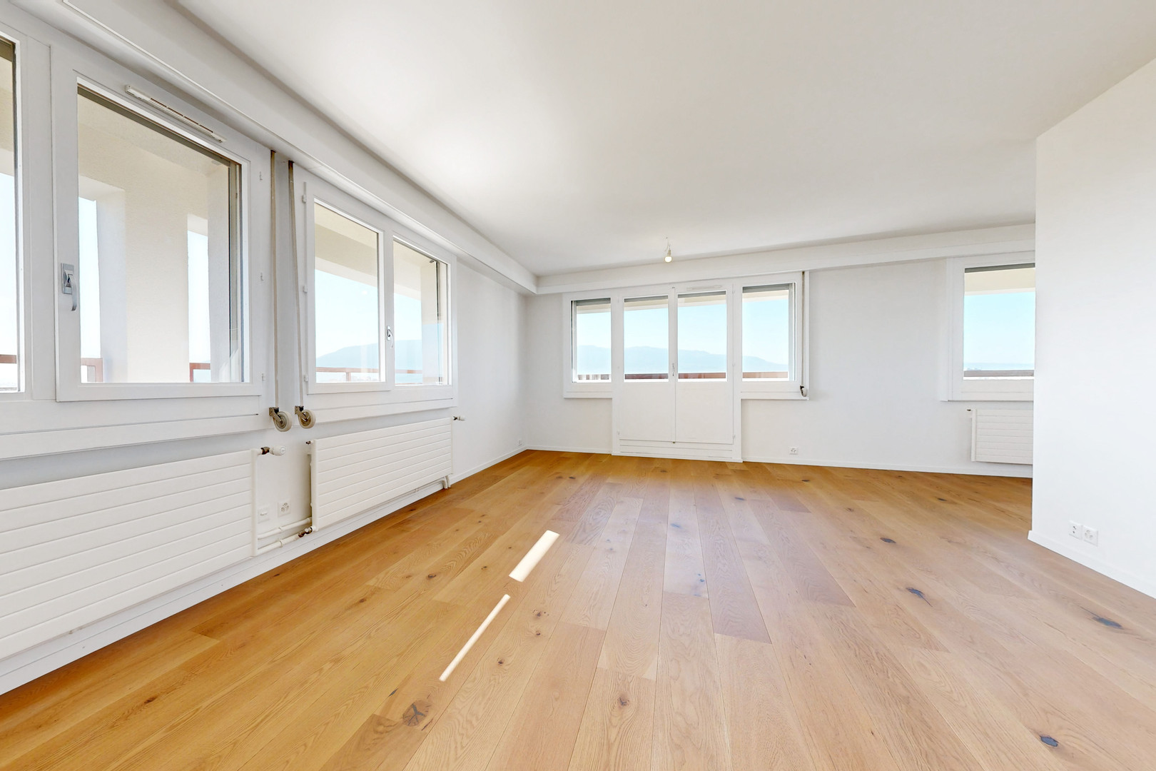 Heller leerer Wohnraum mit Parkett und Meerblick