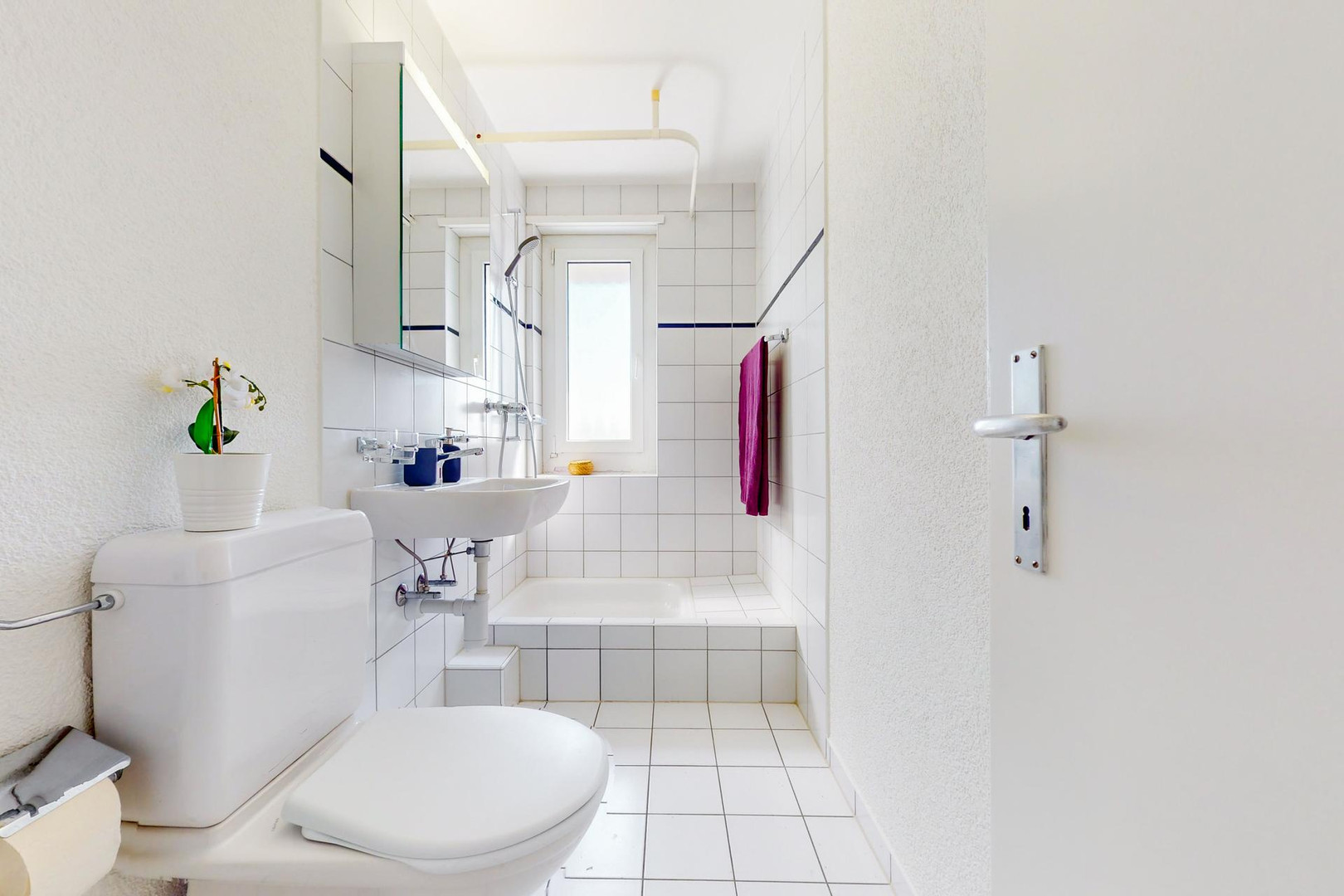 Kleines, weiß gefliestes Badezimmer mit Dusche und WC