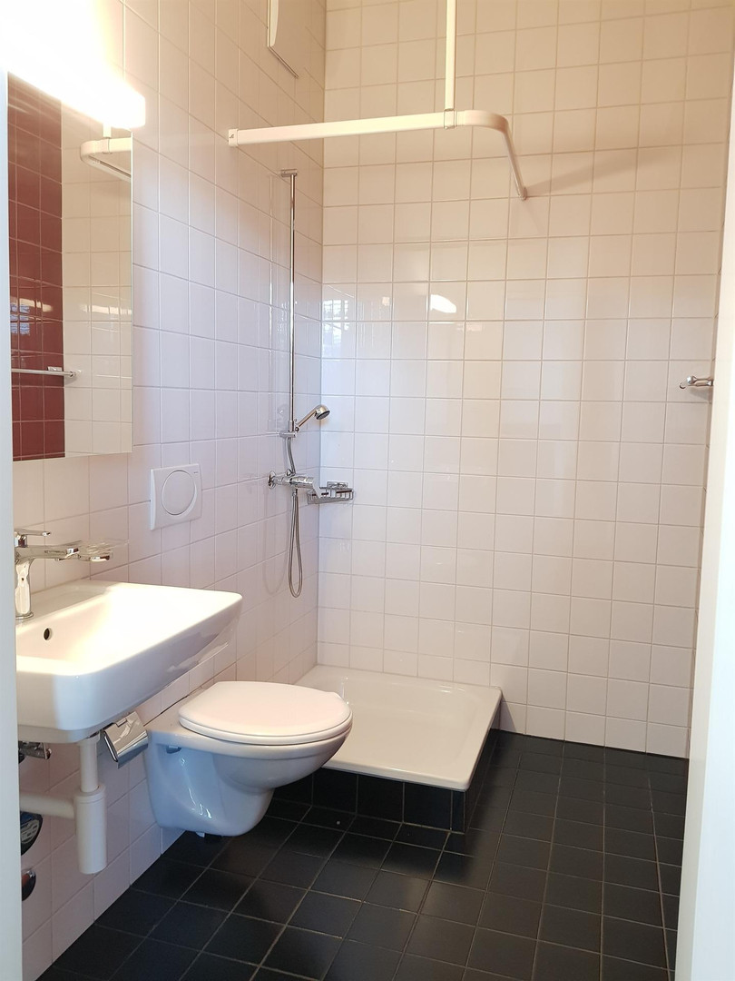 Kleines Badezimmer mit Dusche, WC und Waschbecken