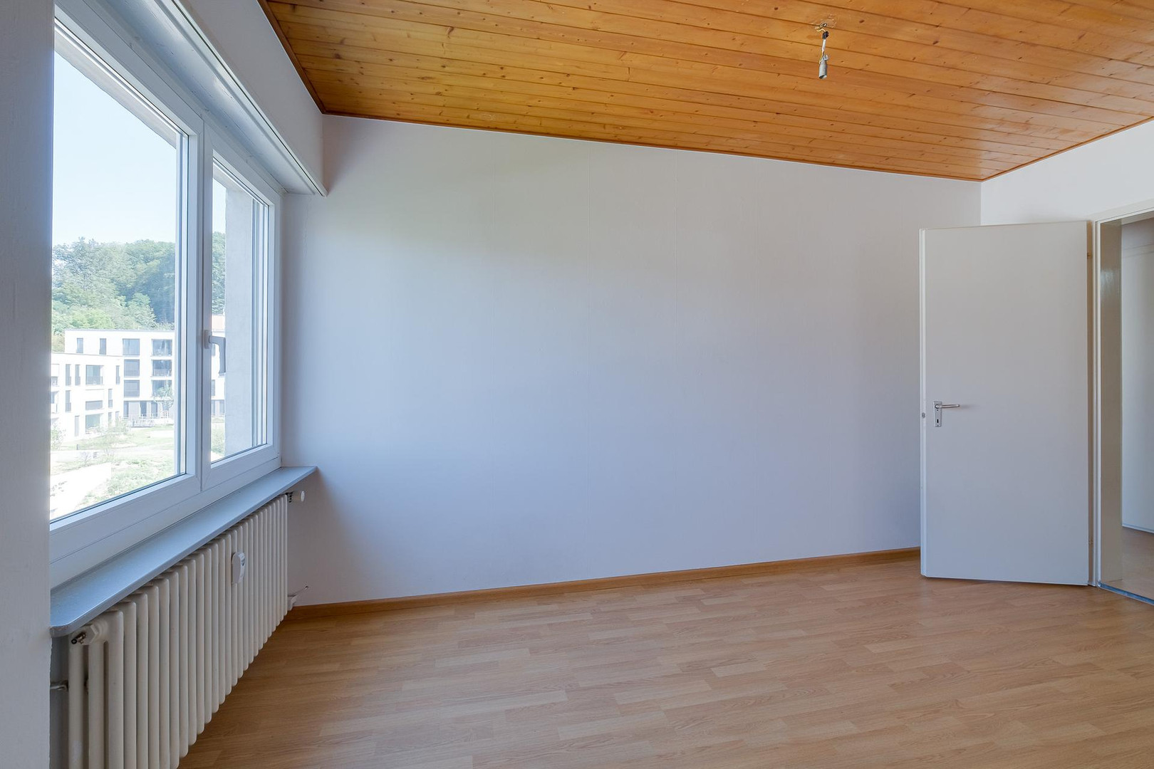 Helles, leeres Zimmer mit Holzbalkendecke und Blick ins Grüne