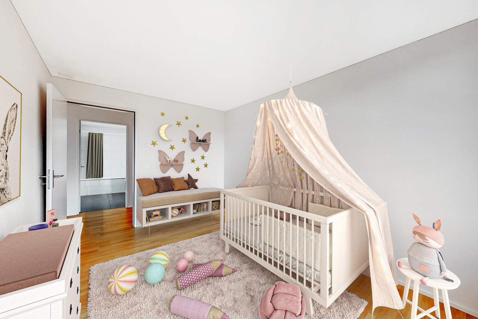 Kinderzimmer mit Wiege und Spielbereich