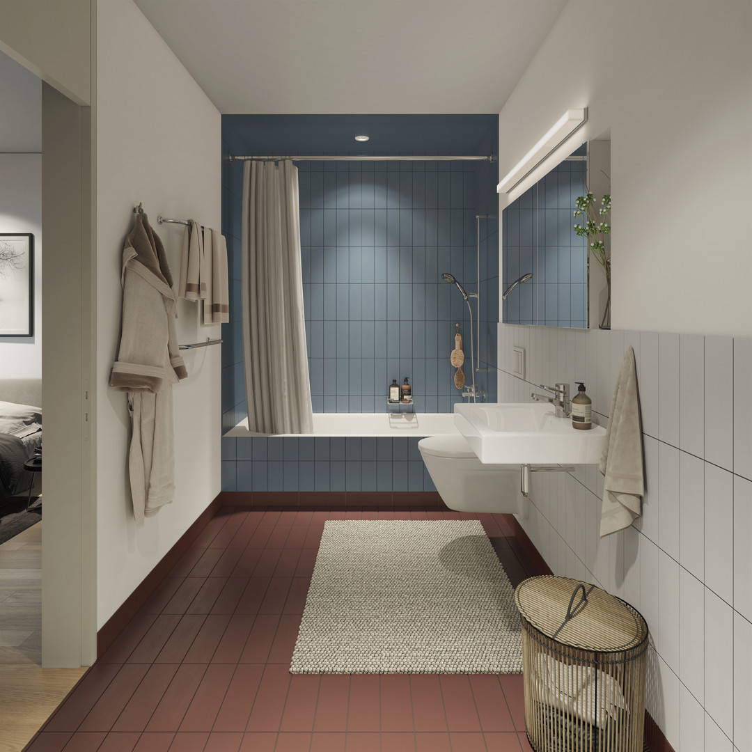 Modernes Badezimmer mit blauem Fliesenspiegel