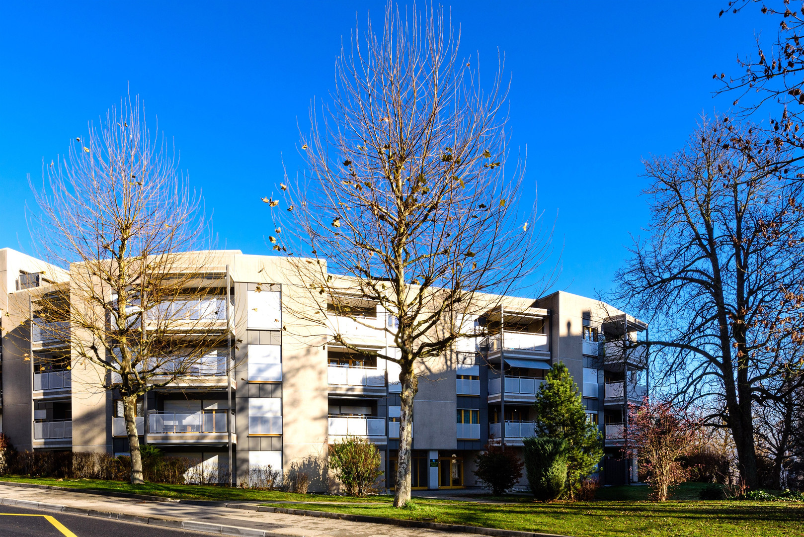 Mehrfamilienhaus mit Balkonen und Bäumen