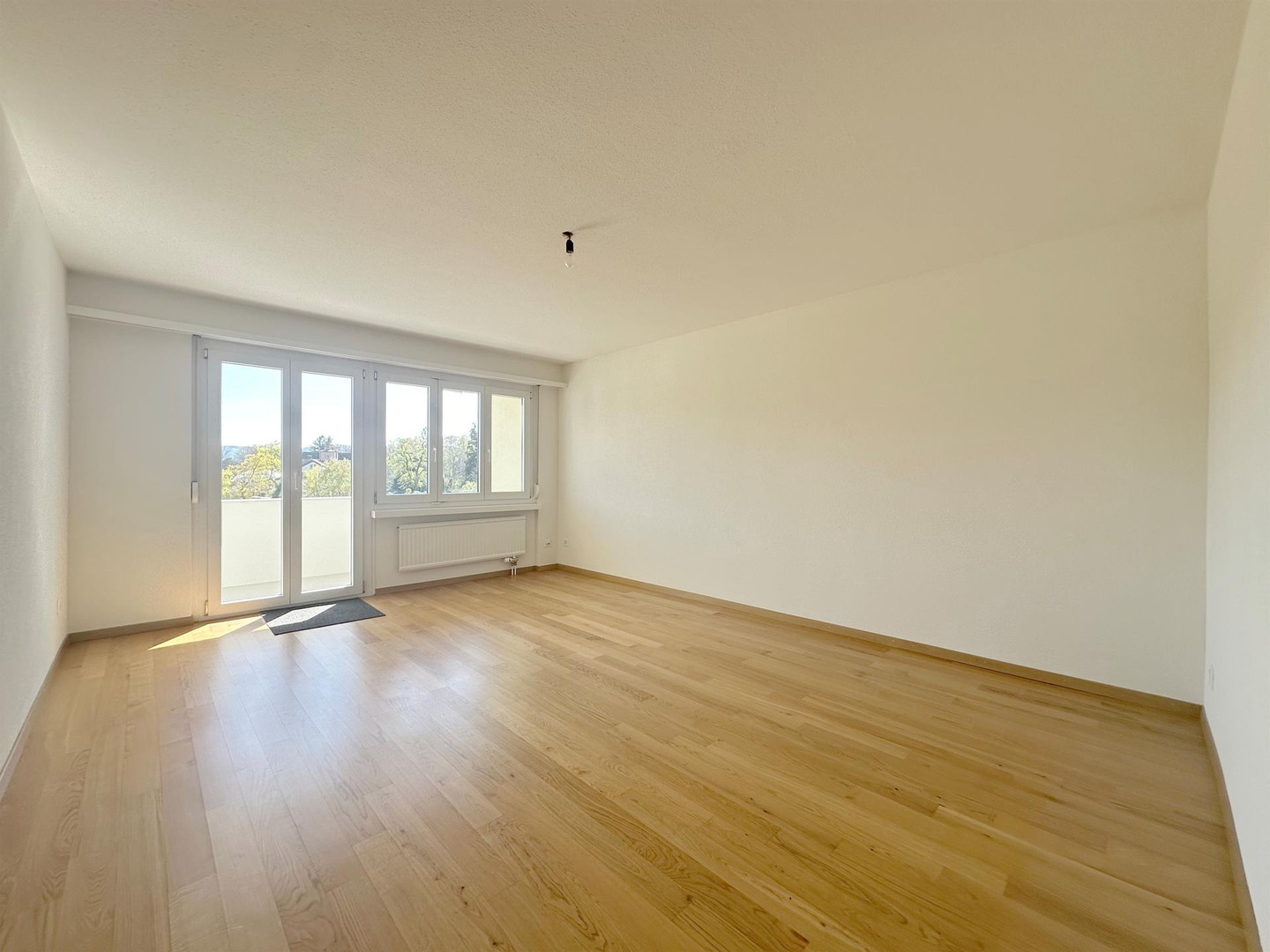 Heller leerer Wohnraum mit Holzboden und Balkonzugang
