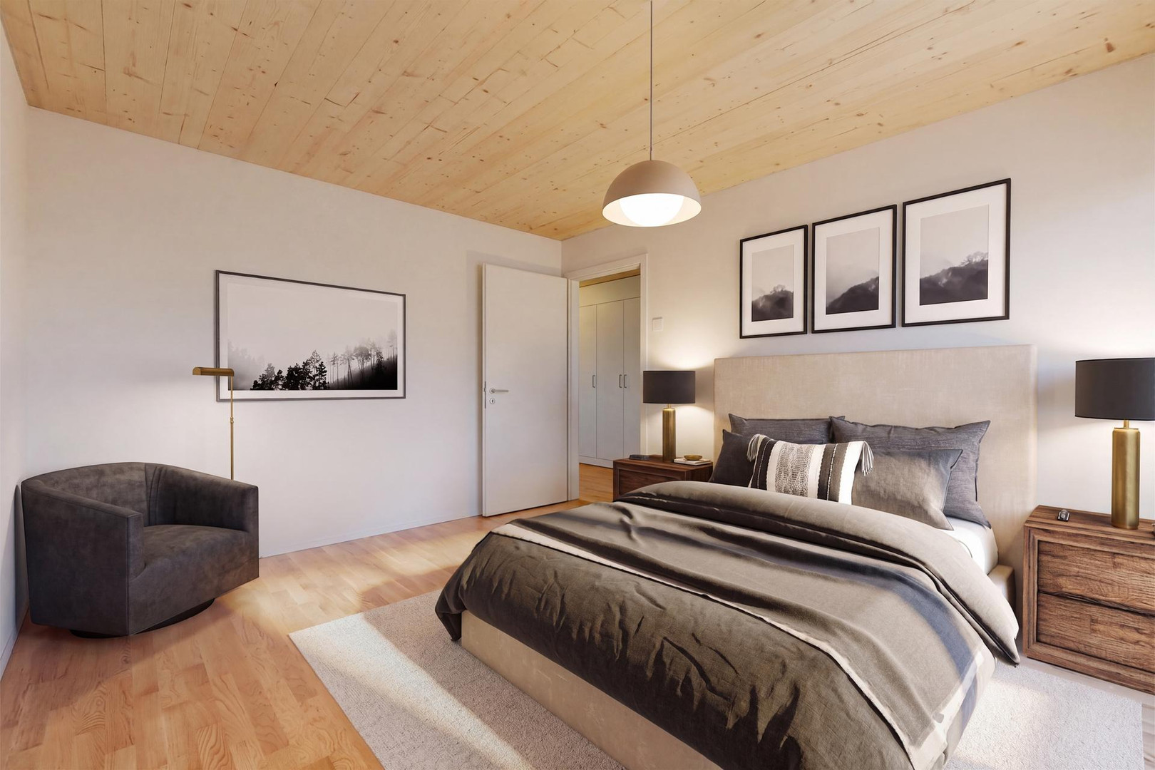 Modernes Schlafzimmer mit Holzbalkendecke