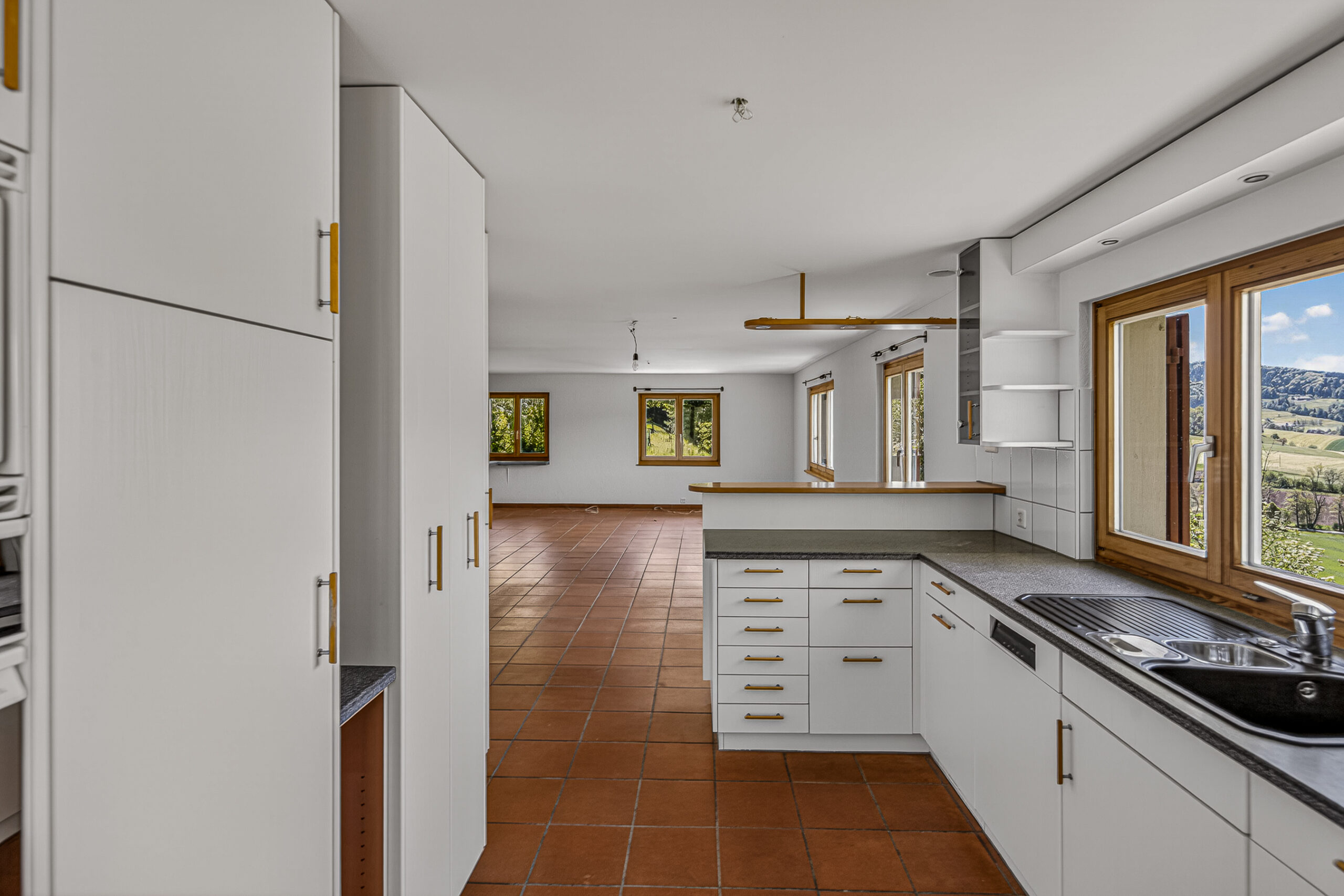 Offene Küche mit Blick ins Wohnzimmer und Landschaft