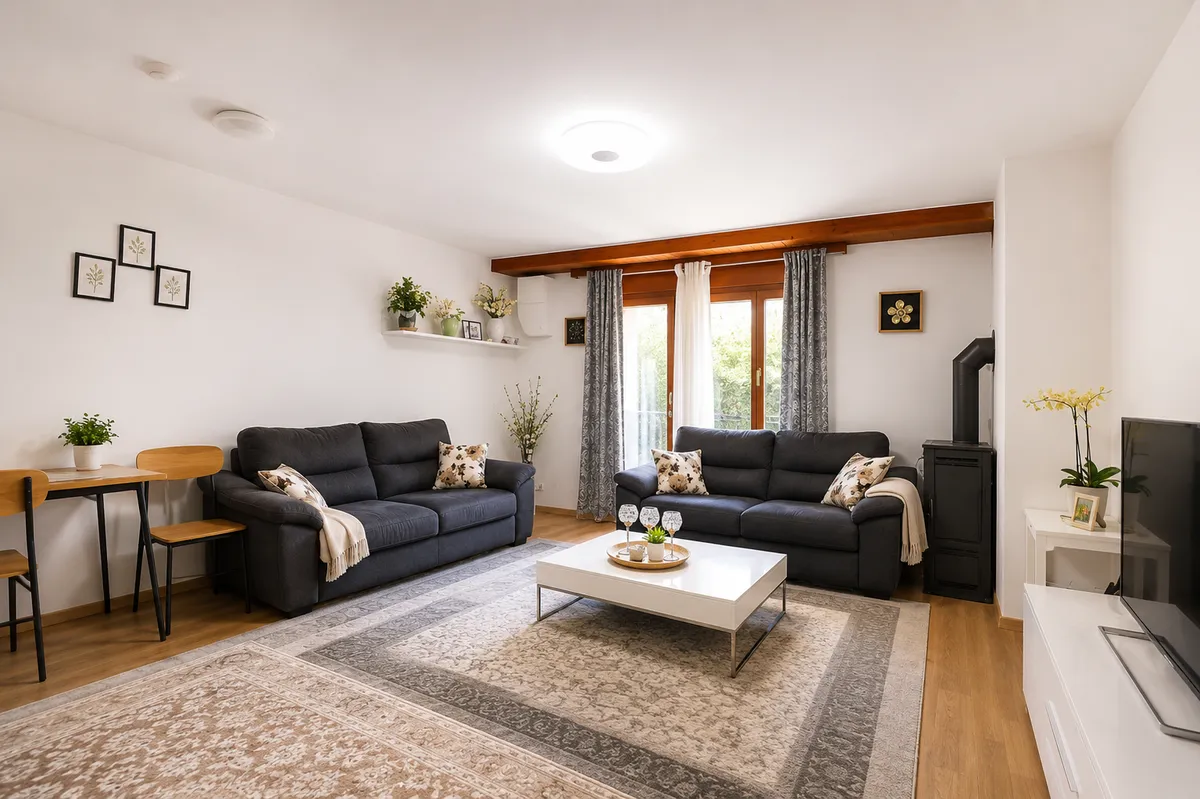 Wohnzimmer mit dunklen Sofas und Holzdetails