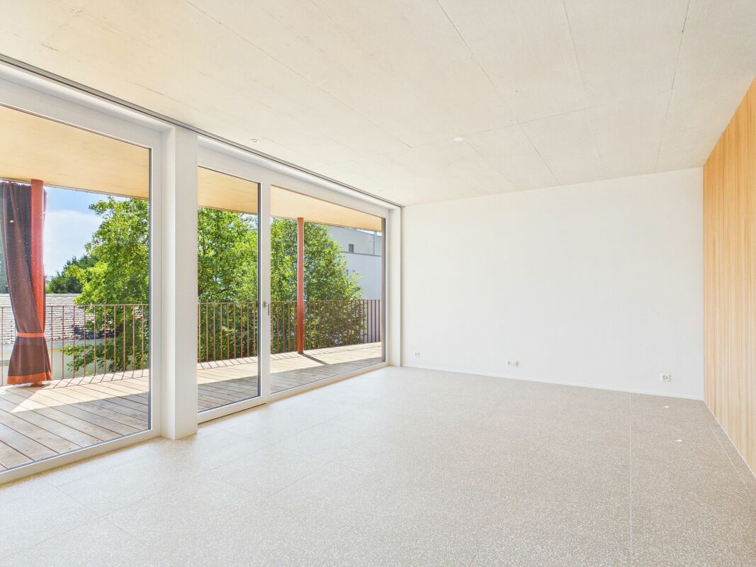 Heller, leerer Wohnraum mit großer Verglasung und Terrasse