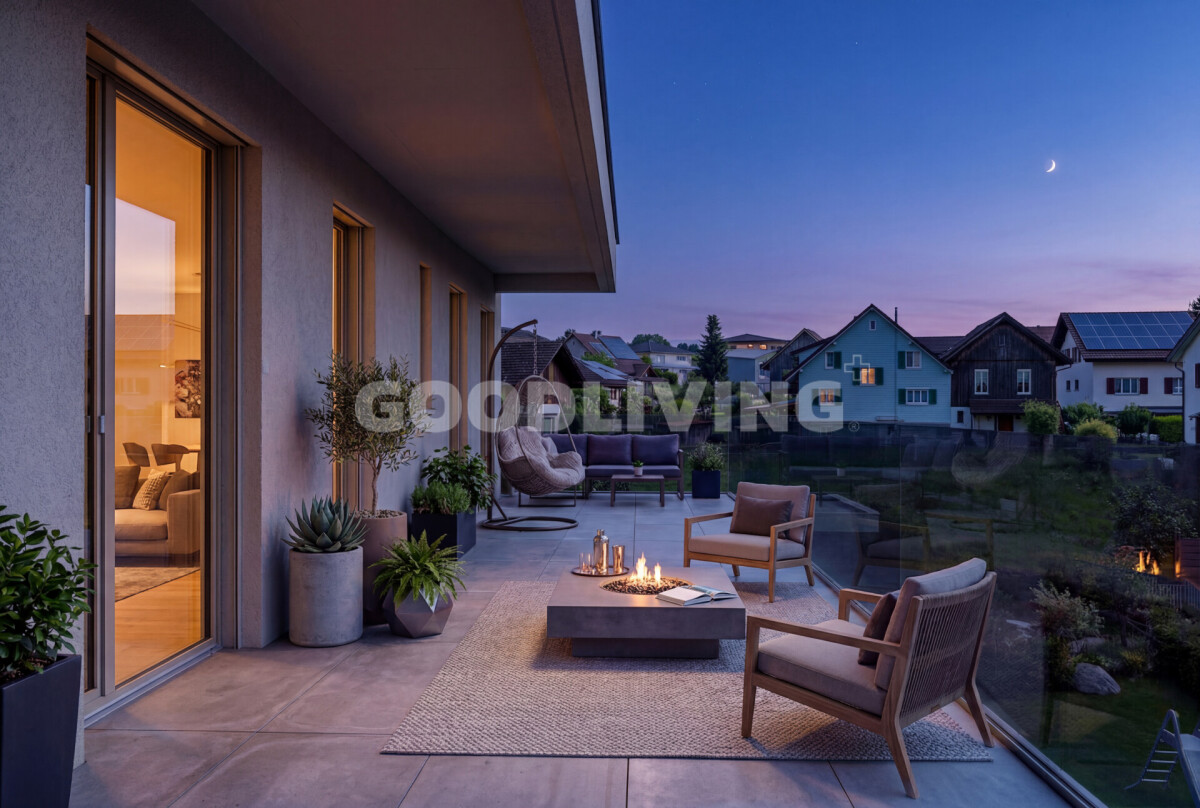 Moderner Balkon mit Lounge-Bereich bei Abenddämmerung