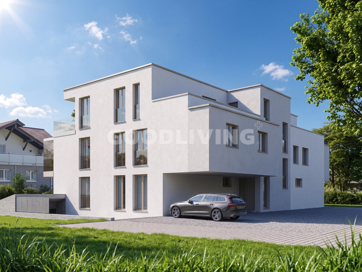 Modernes, weißes Mehrfamilienhaus mit Carport