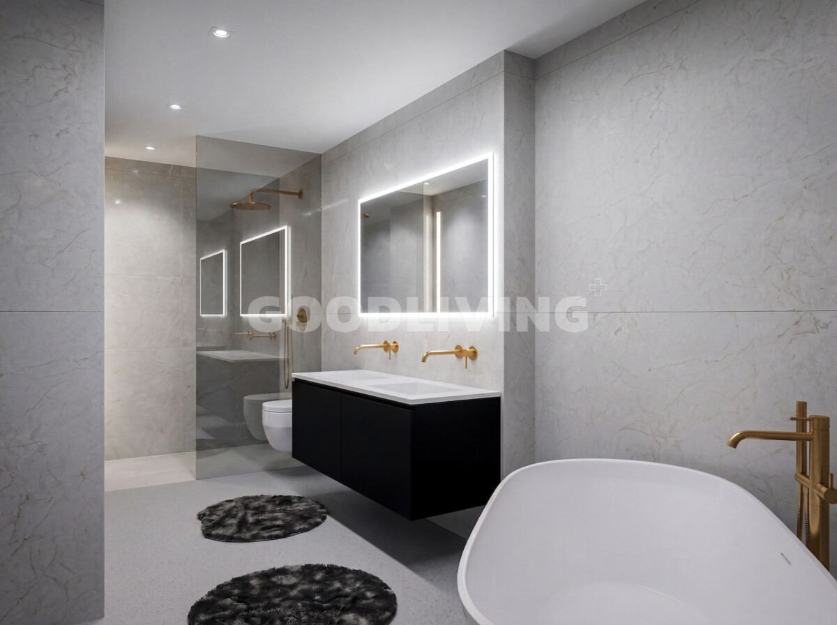 Modernes Badezimmer mit freistehender Wanne und Waschtisch