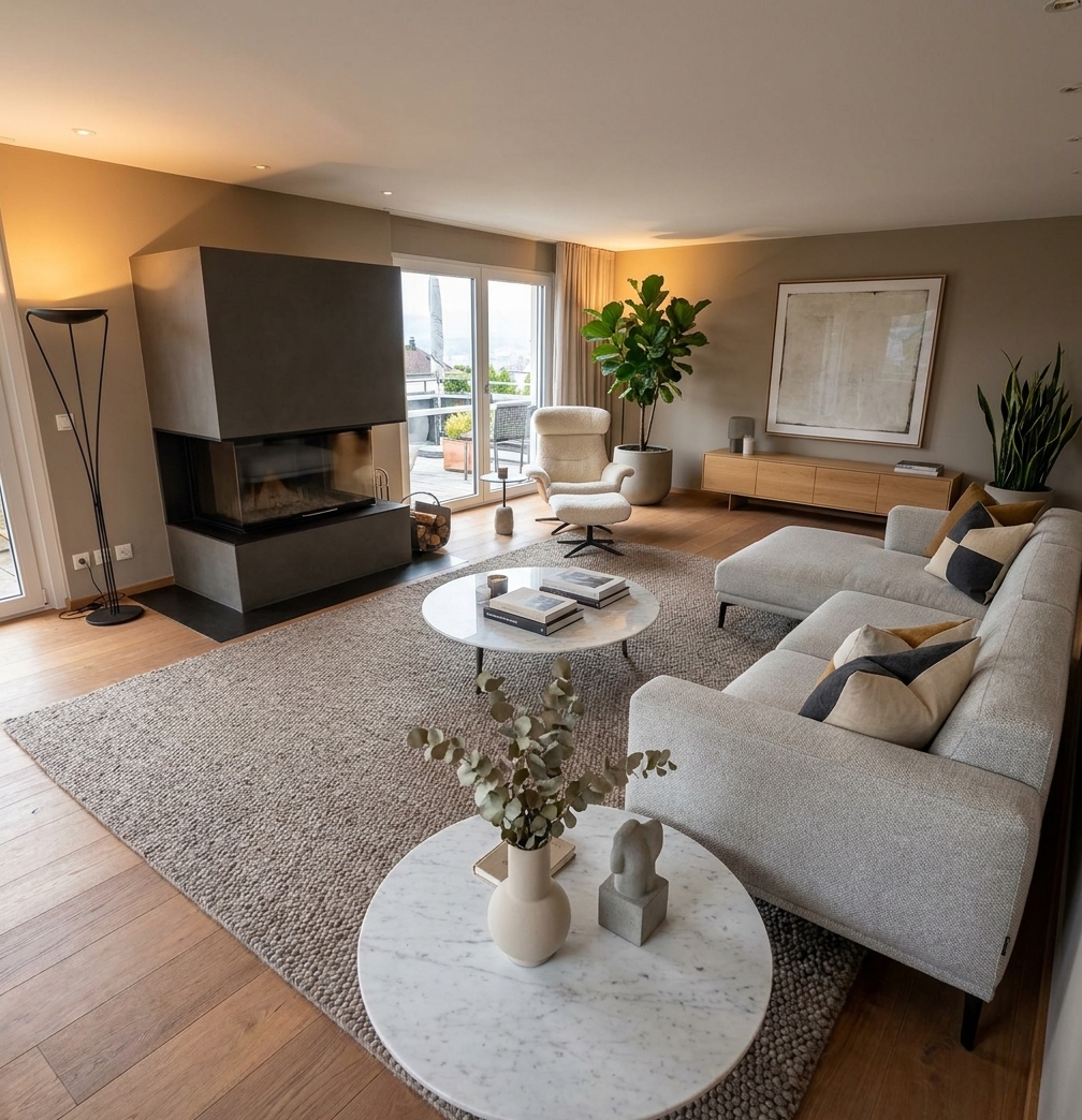 Modernes Wohnzimmer mit Kamin und Balkonblick