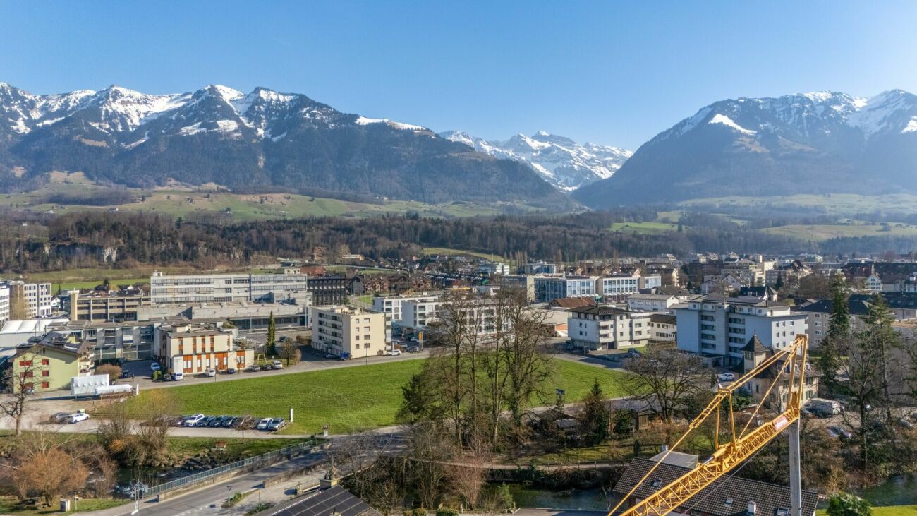 Alpenpanorama über einer Stadt