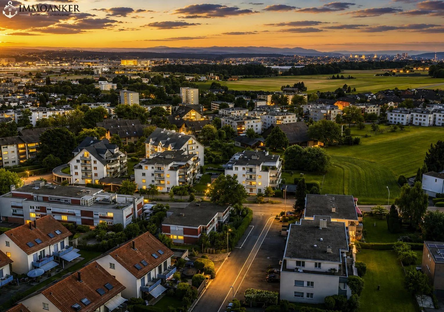 Luftaufnahme eines Wohnviertels bei Sonnenuntergang