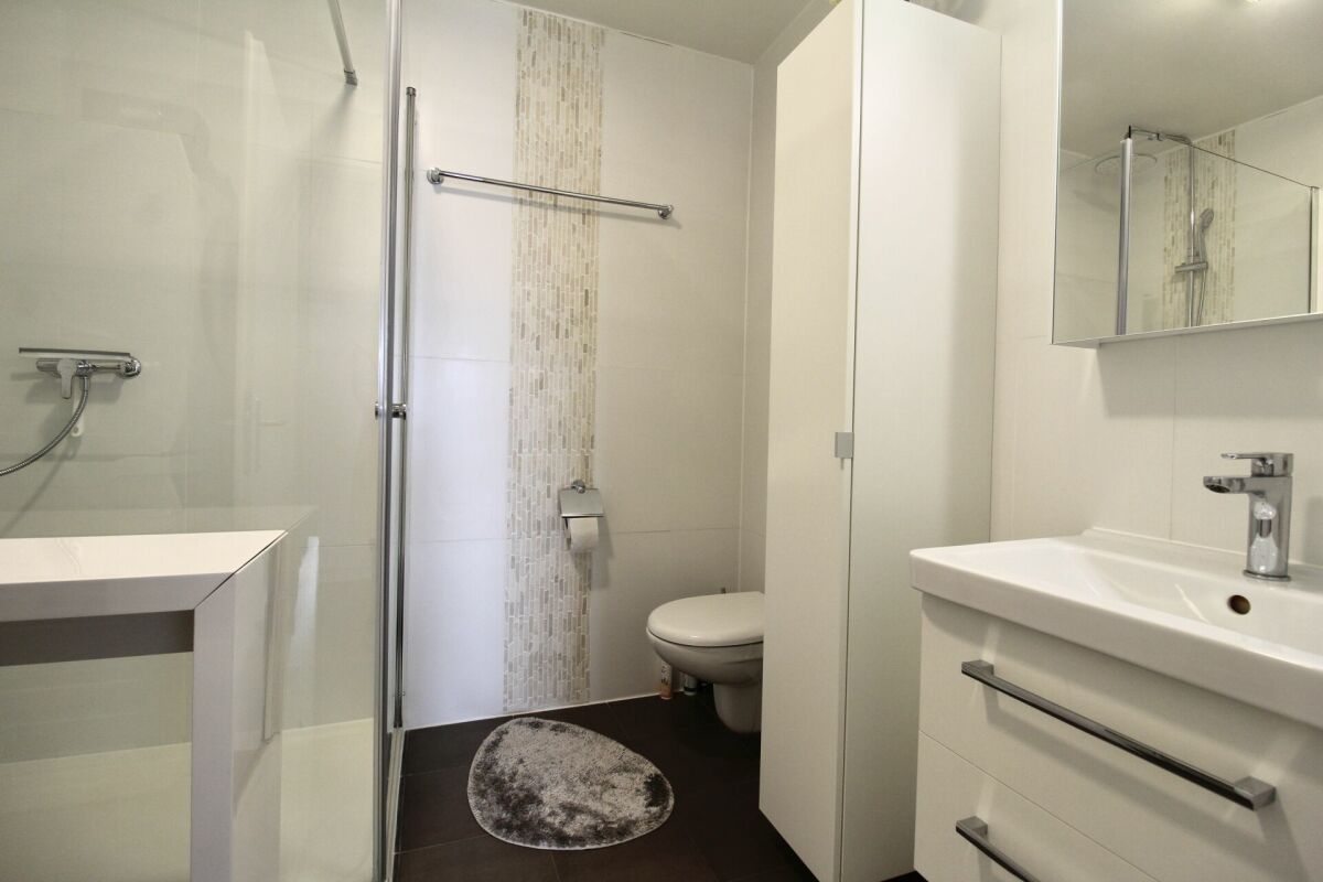 Modernes kleines Badezimmer mit Dusche, WC und Waschtisch