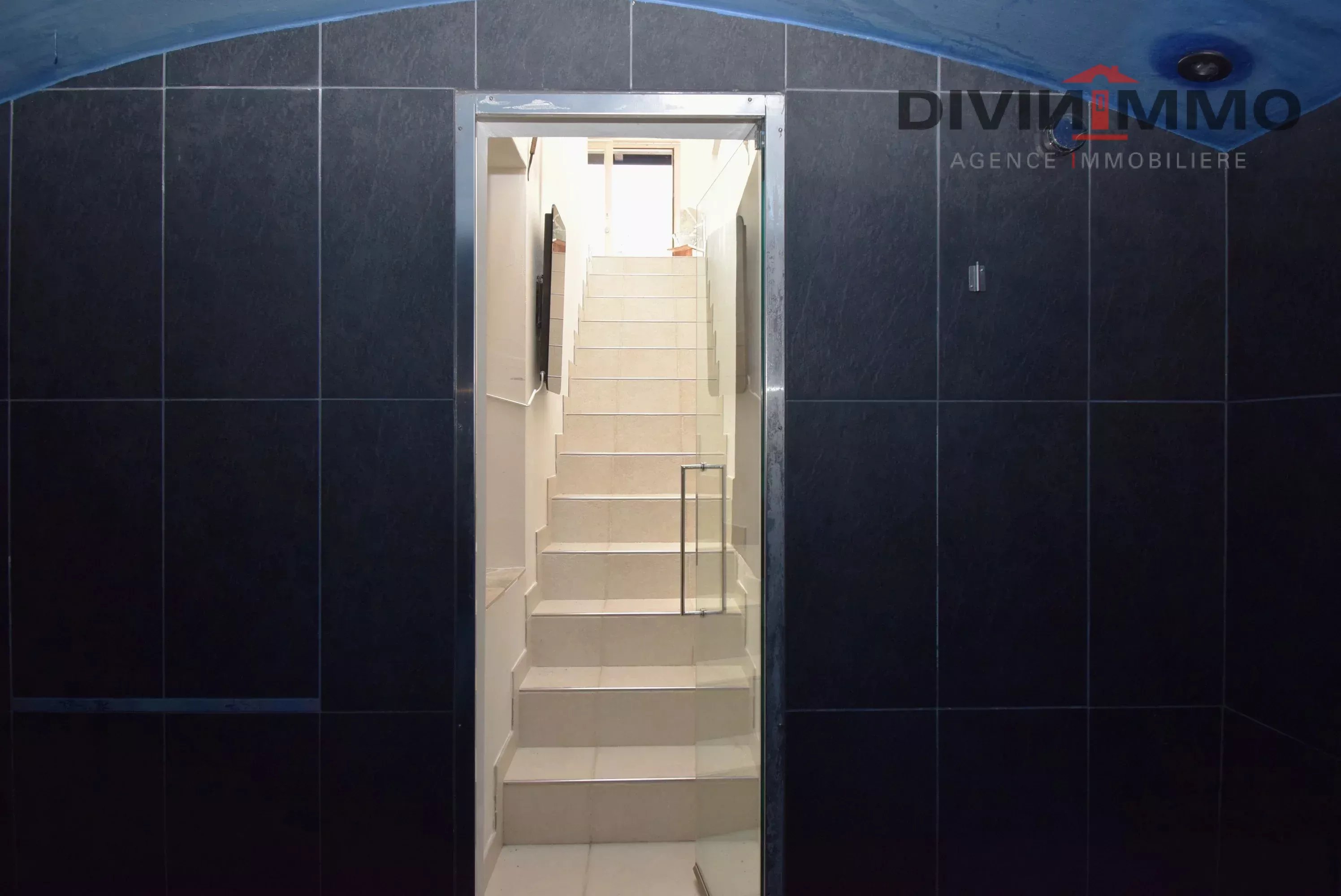 Eingang mit Treppe in dunkler Verkleidung