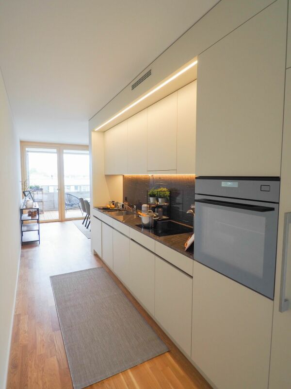 Offene, moderne Küche mit Blick zum Balkon