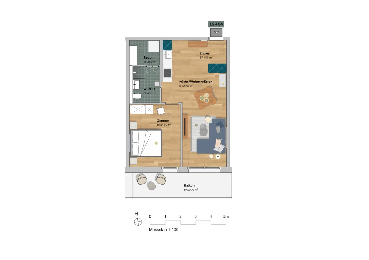 Grundriss einer kompakten Wohnung mit Balkon