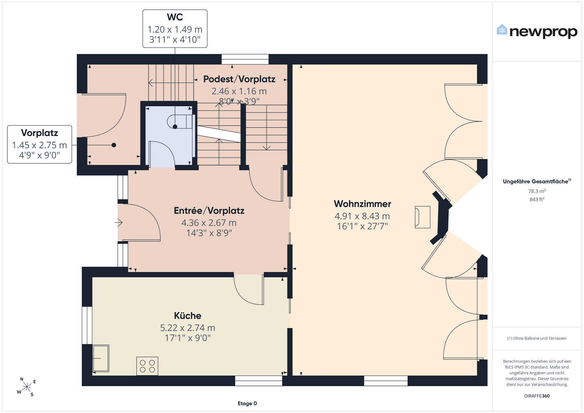 Grundriss einer Wohnung mit Wohnzimmer, Küche, Entrée und WC