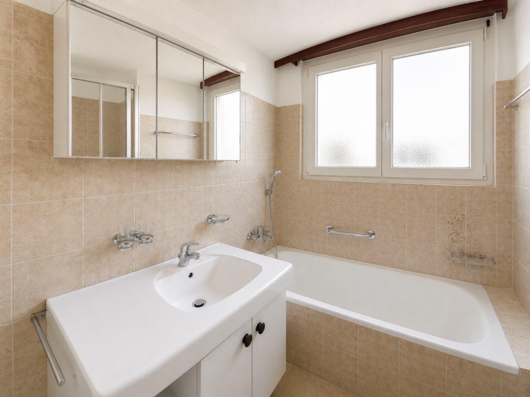 Helles Badezimmer mit Badewanne und Waschtisch