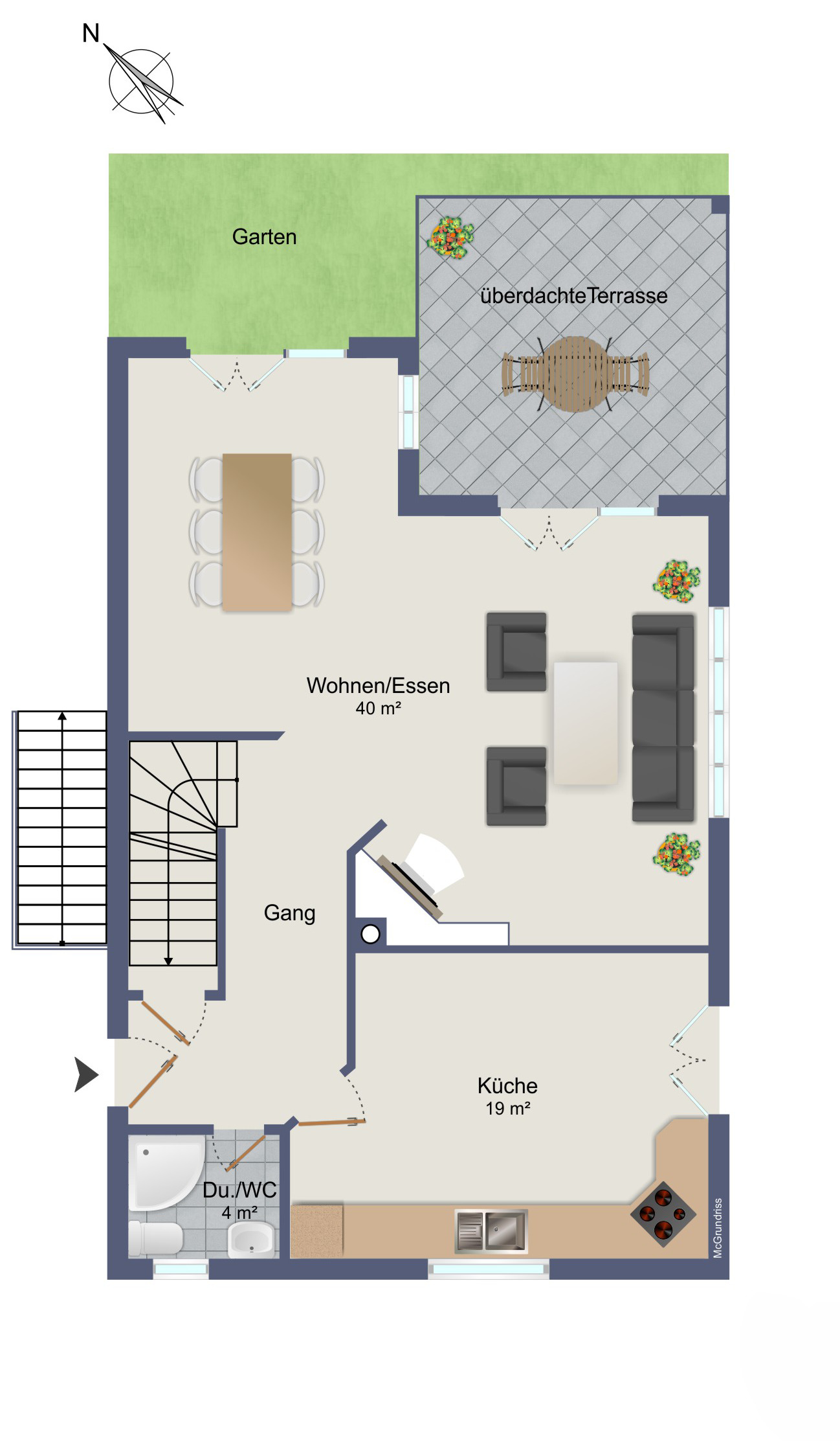 Grundriss von Wohnen/Essen, Küche, Gang, Du./WC und überdachter Terrasse mit Garten