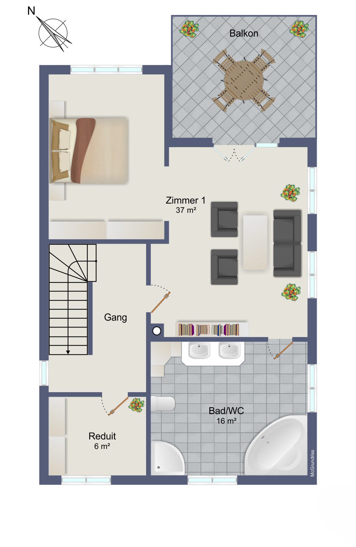 Grundriss mit Balkon, Zimmer, Gang und Bad/WC