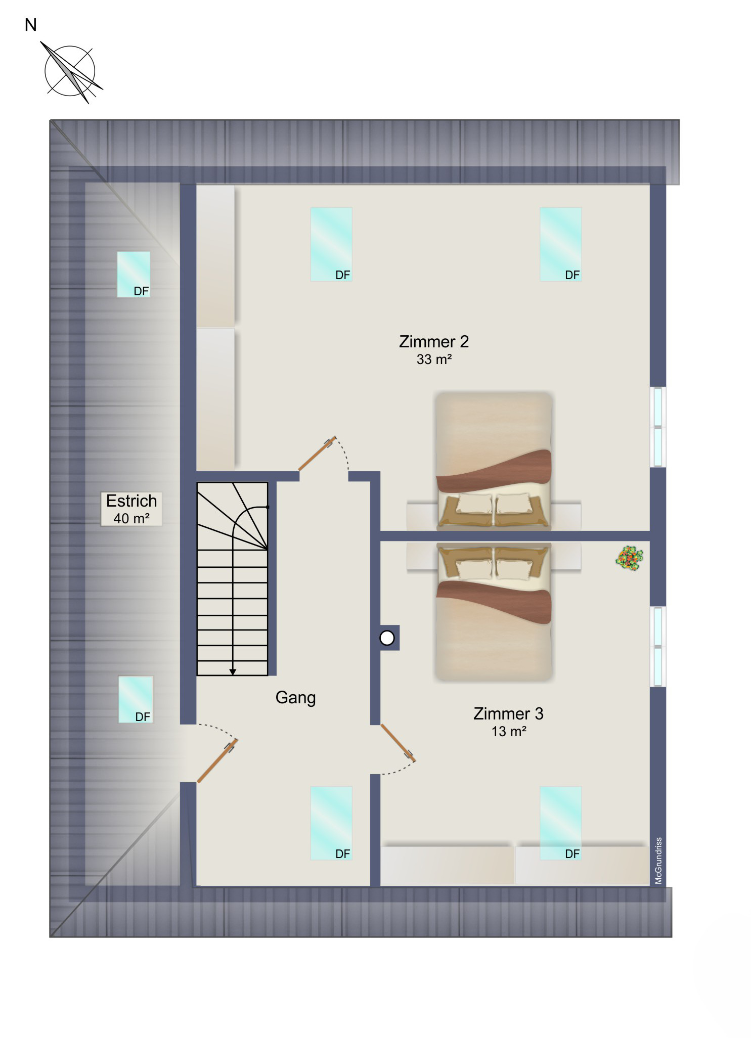 Dachgeschoss-Grundriss mit Zimmern und Gang
