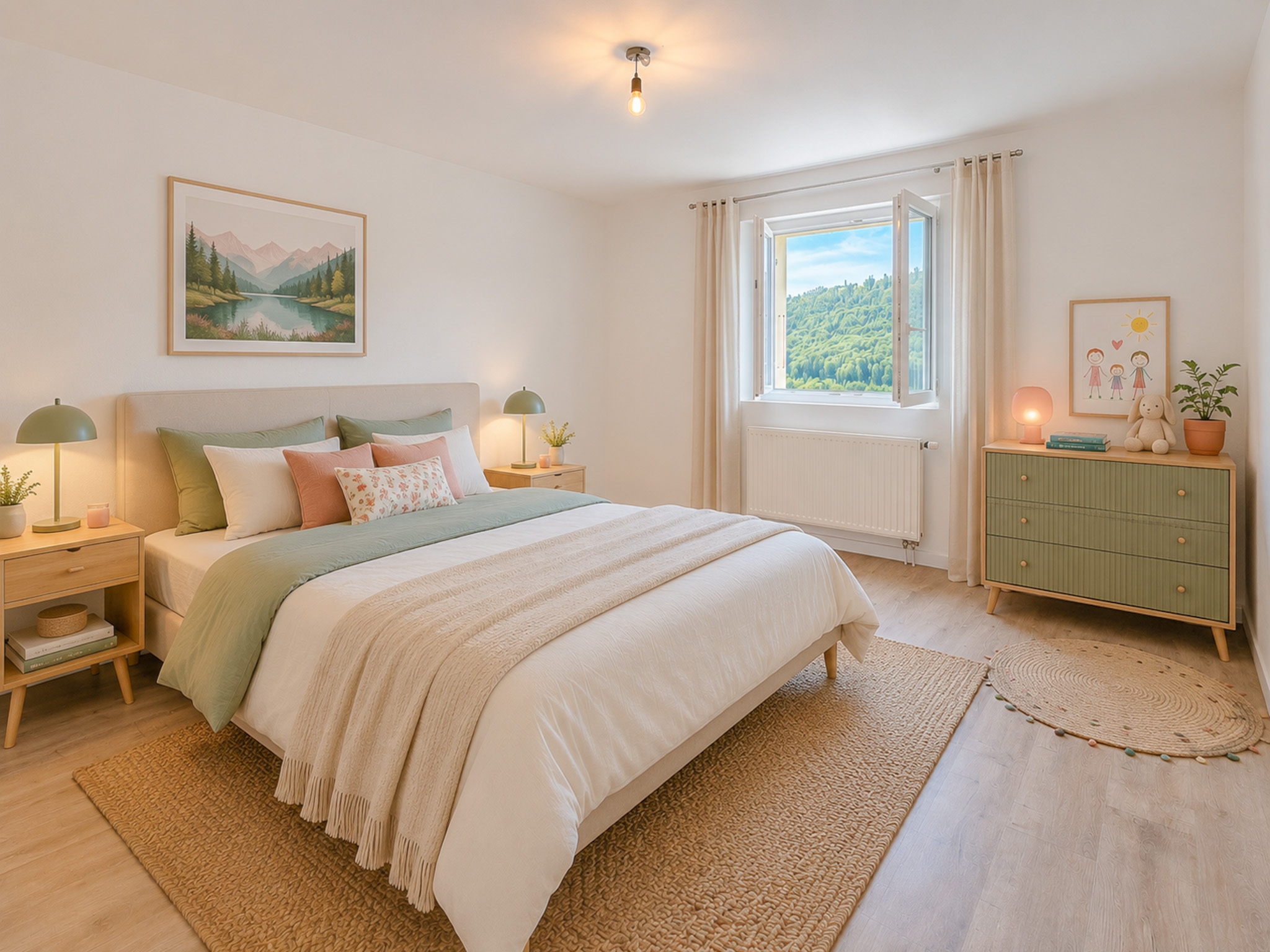 Helles, stilvoll eingerichtetes Schlafzimmer