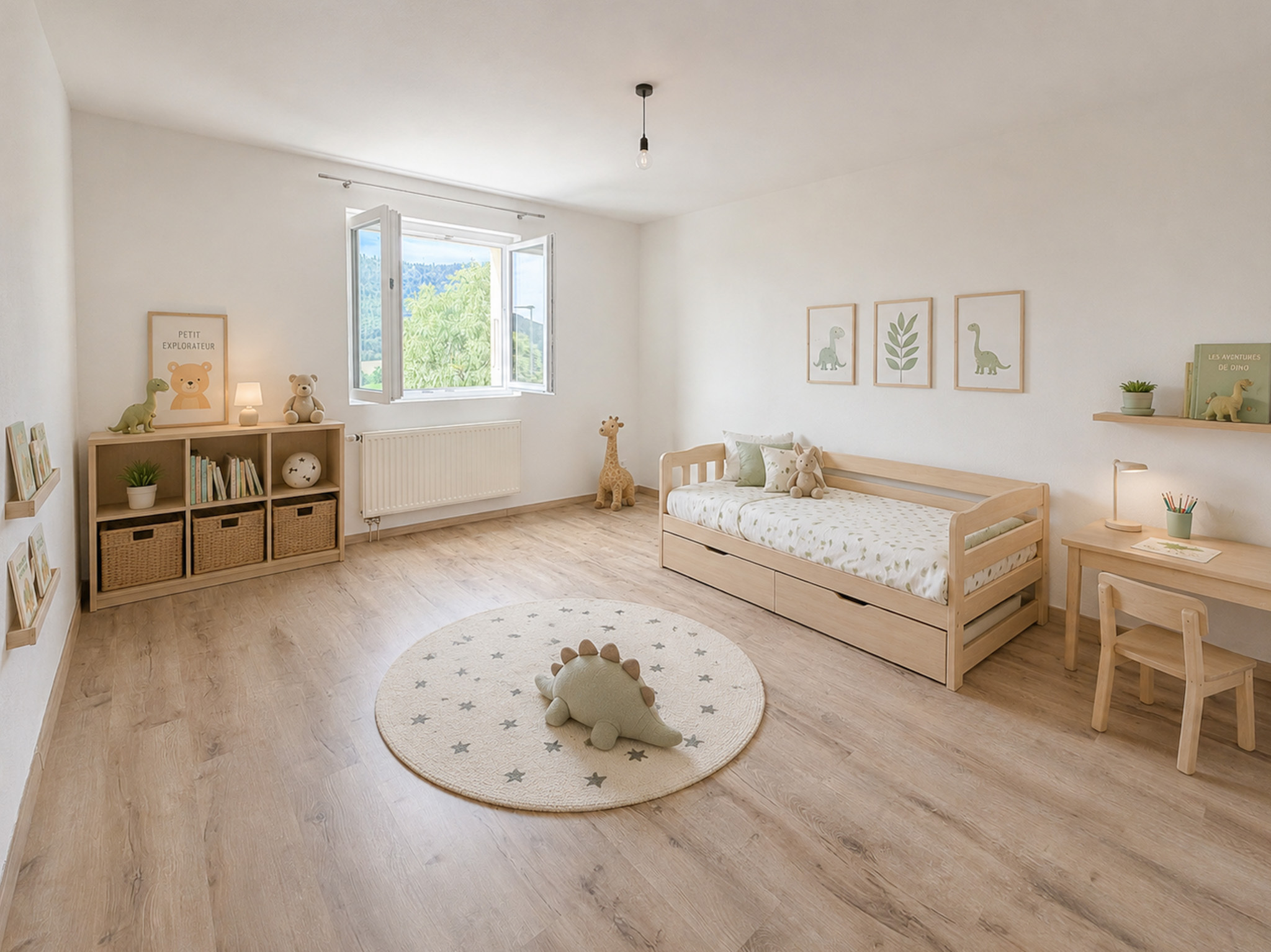 Helles Kinderzimmer mit Naturholz-Möbeln