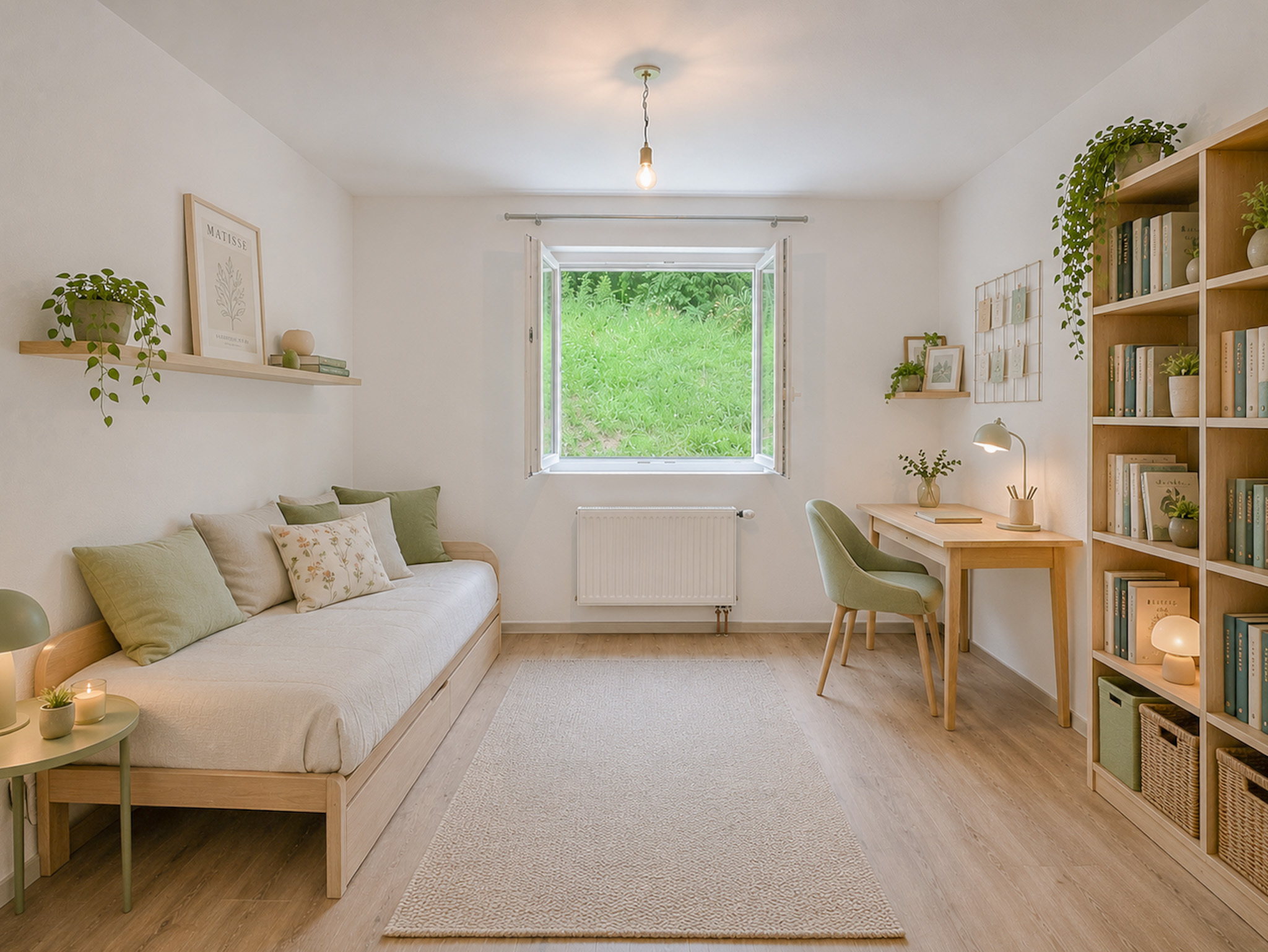 Helles, minimalistisch eingerichtetes Schlafzimmer mit Arbeitsplatz