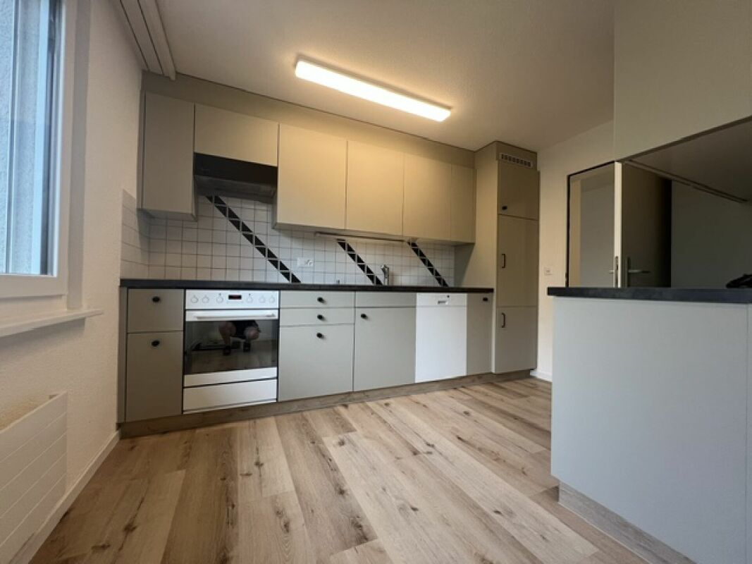 Kleine moderne Küche mit heller Front und Holzoptik-Boden
