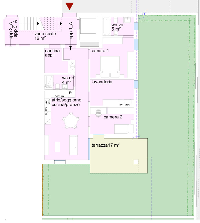 Grundriss einer Wohnung mit Terrasse und Gartenanteil