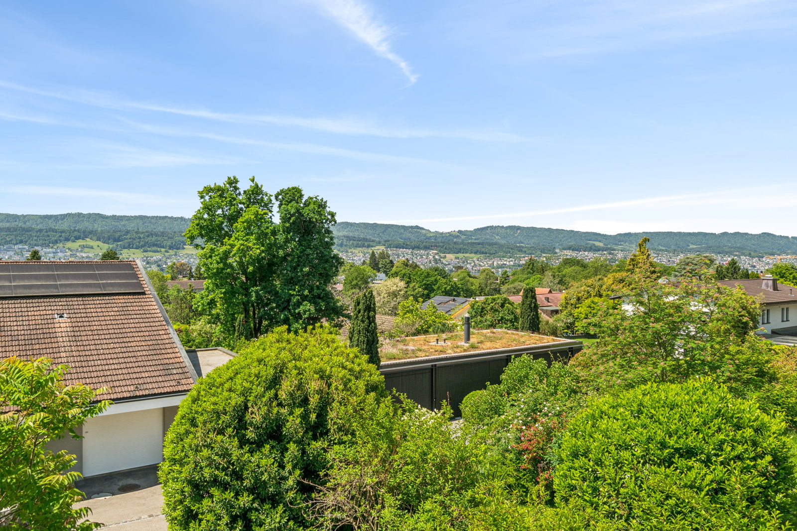 Blick über ein grünes Wohnviertel mit Alpenpanorama