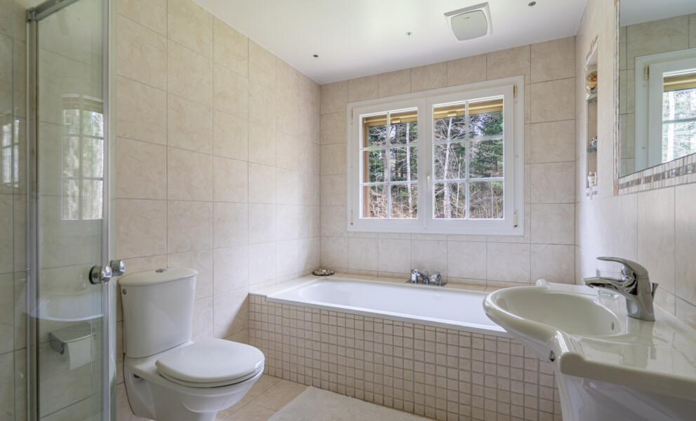 Modernes Badezimmer mit Badewanne, Dusche und Fensterblick