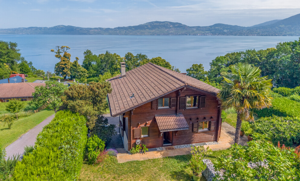 Seeblick auf ein Holzhaus mit Garten