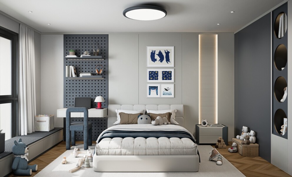 Modernes Kinderzimmer mit Bett und Stauraum