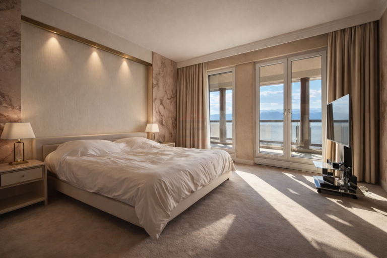 Helles Schlafzimmer mit Balkon- und Meerblick