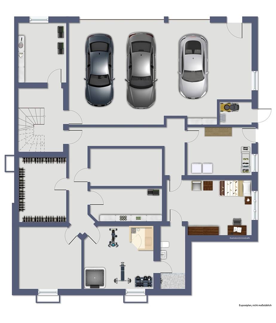 Untergeschoss-/Grundriss mit Garage, Fitness- und Weinkellerbereichen