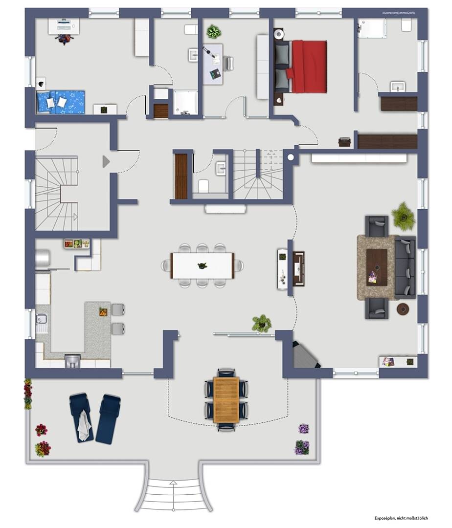 Grundriss eines Einfamilienhauses mit Terrasse und mehreren Wohnräumen