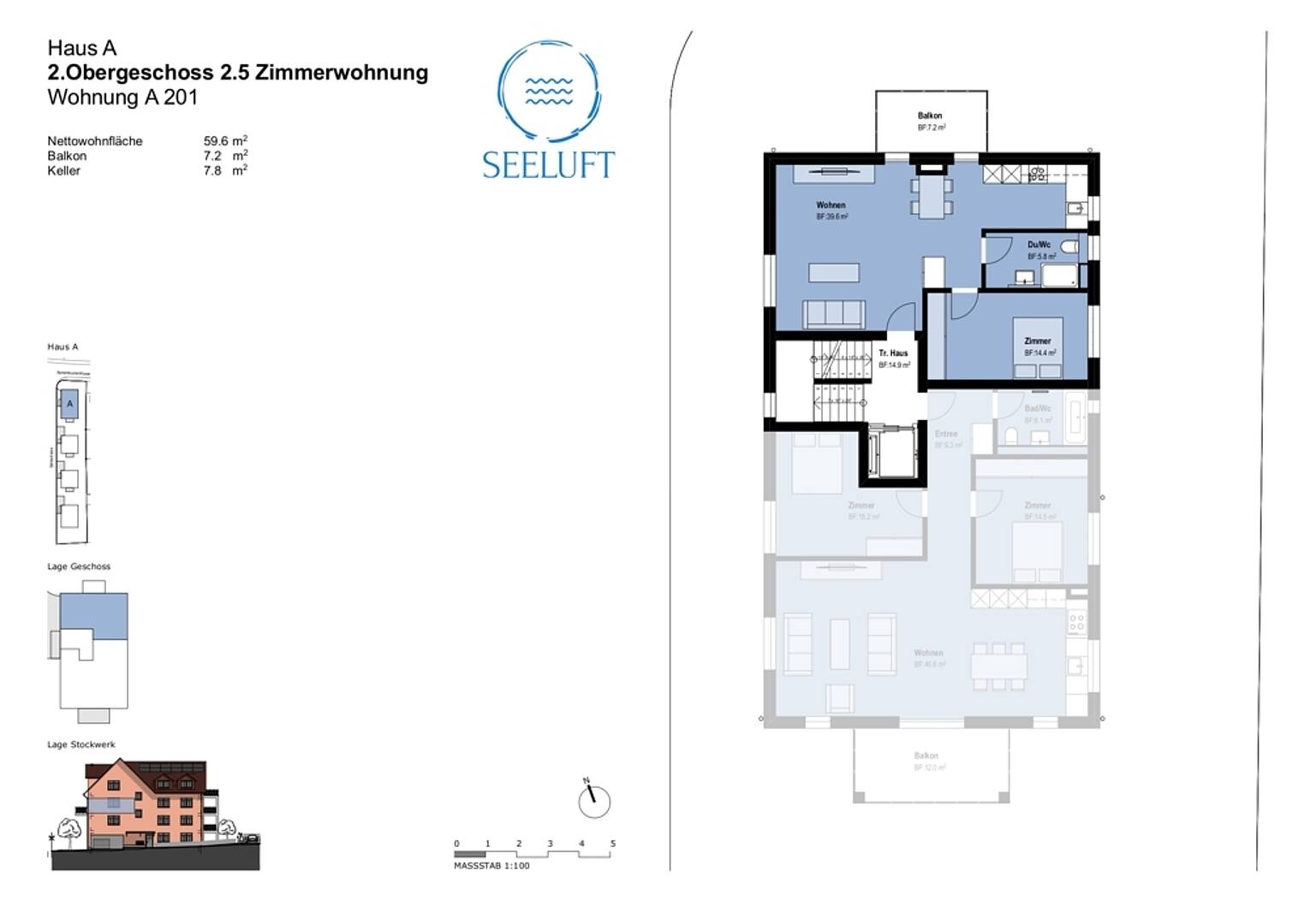Grundriss einer 2,5-Zimmer-Wohnung mit Balkon